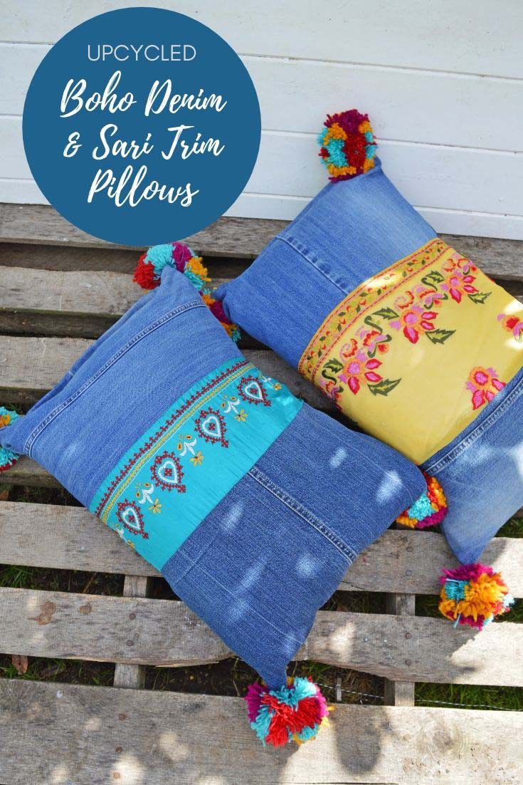 Easy Way To Make Colourful Boho Style Jeans Pillows Pillar Box Blue