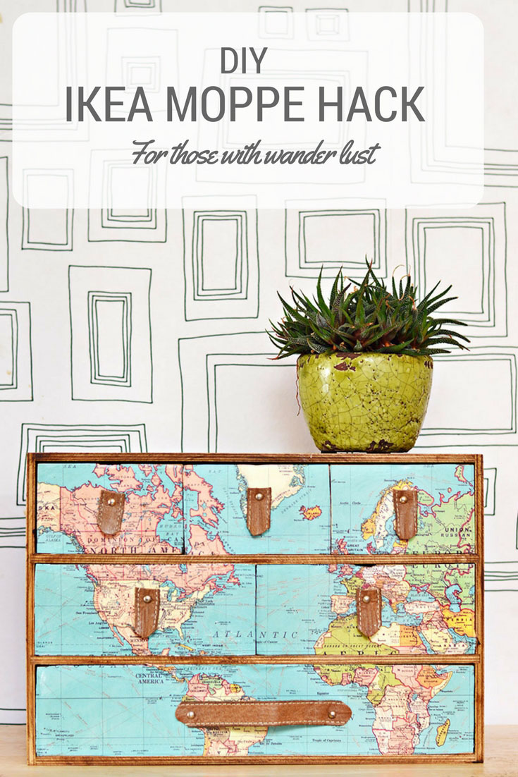 A fantastic IKEA Moppe hack with a vintage world map and leather draw pulls.  Full step by step DIY.  Great gift for those with wanderlust.