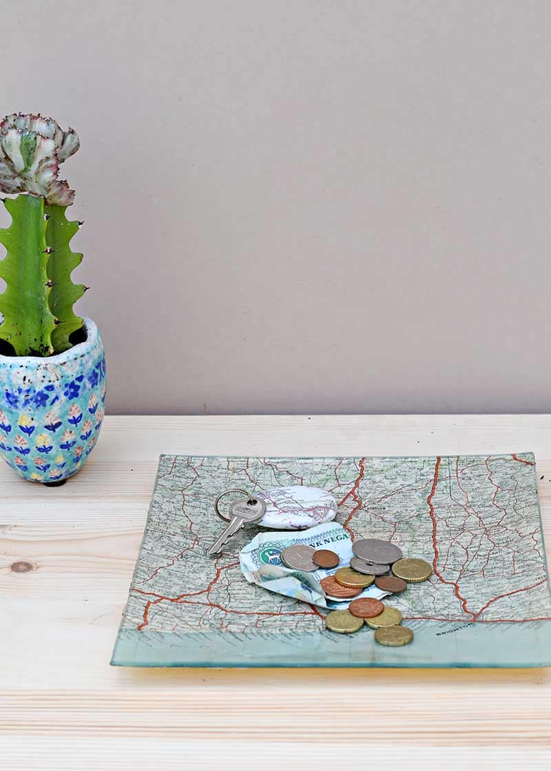 Personalized road map decoupage glass tray