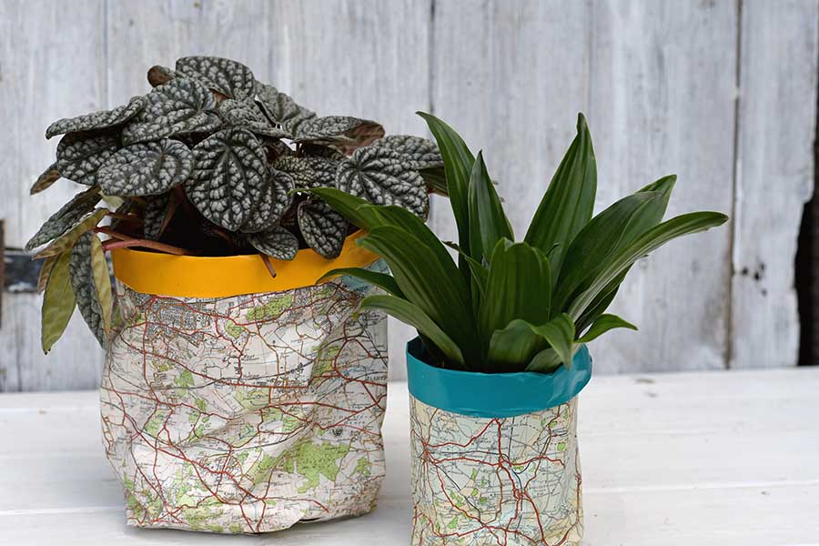 Easy DIY Paper Plant Pot Covers - With Old Maps - Pillar Box Blue