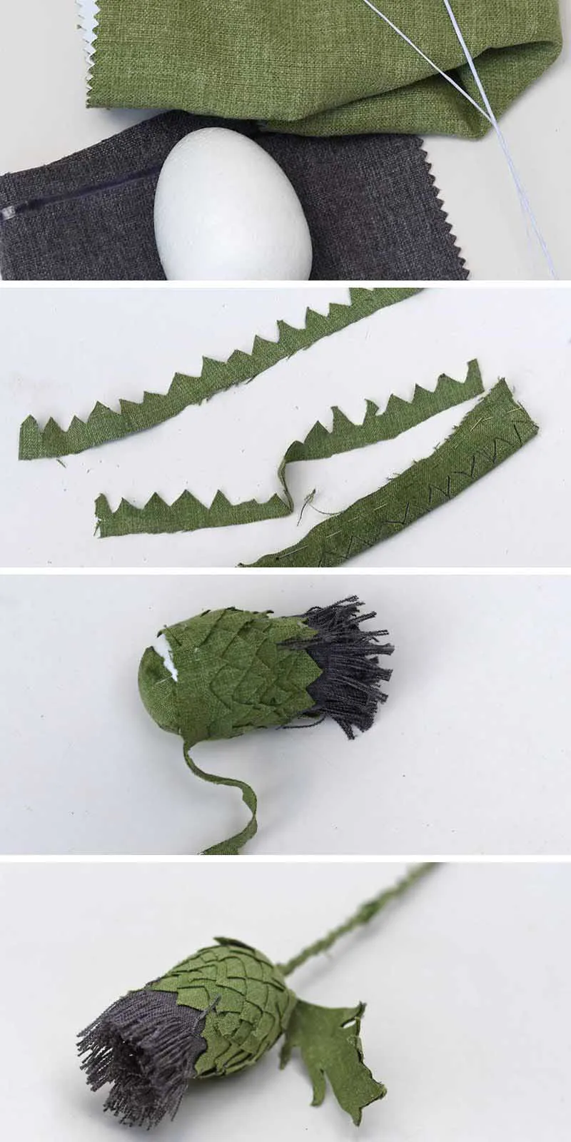 step by step tutorial for making a fabric thistle