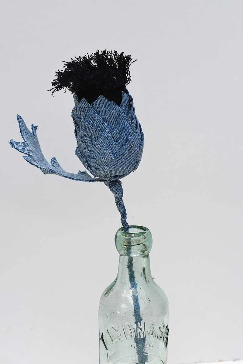 Light denim DIY fabric Thistle in a bottle Vase