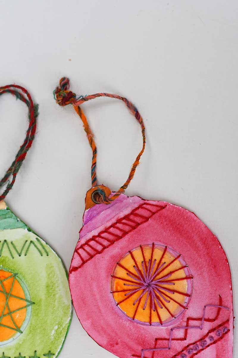 close up of the top of the watercoloured embroidered paper bauble