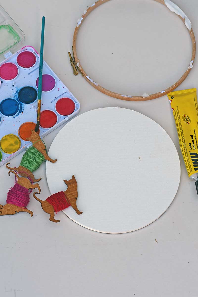 embroidery thread, watercolour paper, paints and embroidery hoop