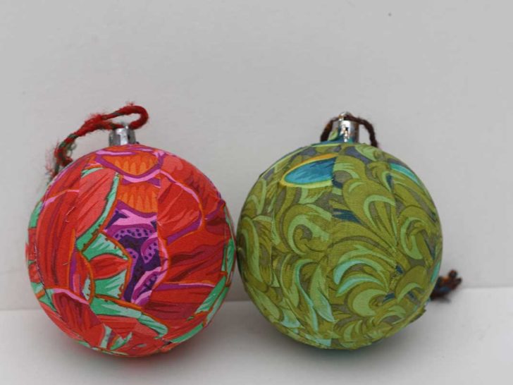 red and green 2 decoupage Kaffe Fassett fabric Christmas ornaments