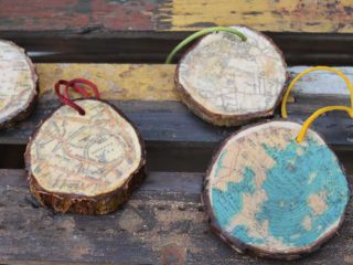 3 map wood slice ornament