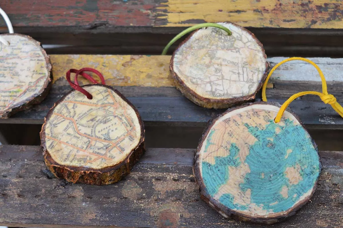 3 map wood slice ornament