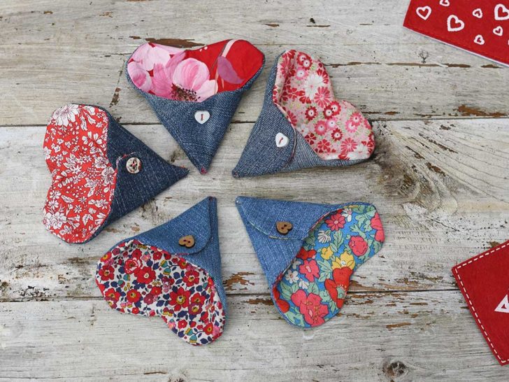 valentine sewing project scrap fabric and denim heart treat pockets