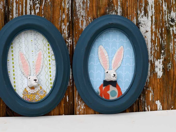 two egg box bunny framed portraits one male one female